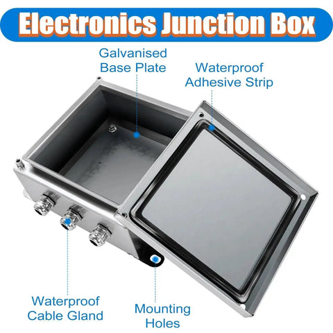 Open view of Weatherproof Junction Box For Wall Mount Tough As Nails Built To Last Heavy Duty 304 Stainless Steel Enclosure with three cable glands.