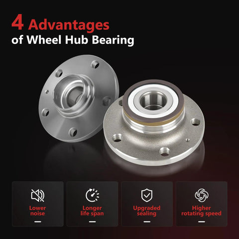 Two Piece Rear Wheel Bearing Hub Assembly Fits Audi Q3 And TT Plus VW Arteon Beetle CC Eos Golf GTI Jetta Passat Tiguan Limited 5 Lug ABS Direct Fit Replacement With ABS Sensor Included For Smooth Rotation And Long Lasting Durability, shown with advantages listed such as lower noise and longer lifespan.