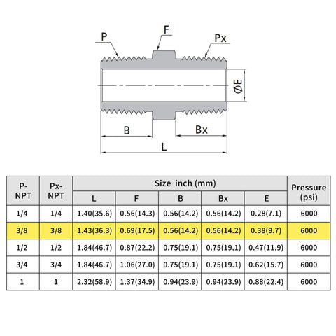 304 stainless steel hex nipple with 3/8 NPT male threads; high-pressure 6000 psi, dimension diagram