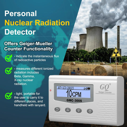 GQ GMC-300S Geiger counter handheld detector with LCD display showing 10 CPM, white plastic body.