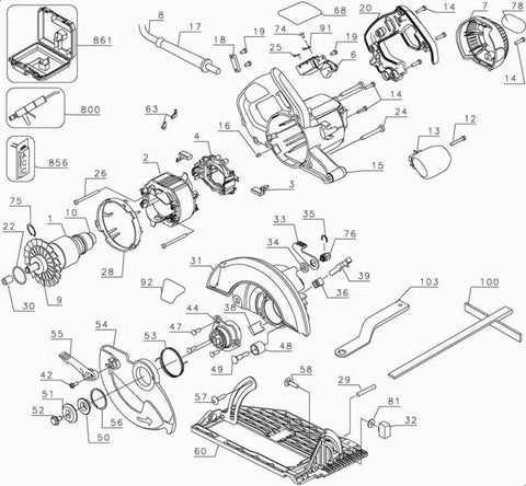 Illustrated diagram of power tool components showing various parts and assembly layout.