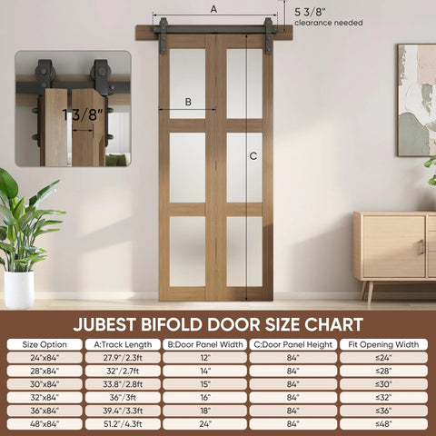 32 Inch Bifold Glass Barn Door Kit With Hardware Included, 3 Panel Solid Wood Slab With Frosted Glass, installed view with chart.