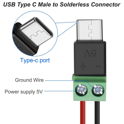 USB Type C Solderless Connector Screw Terminal Adapter USB C Male To 2 Pin Terminal Block 5V Power Output close-up view