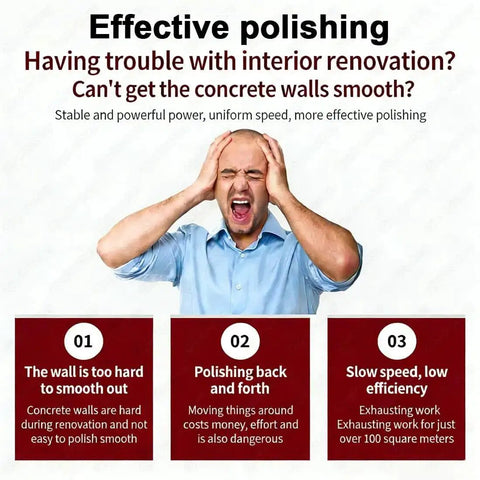 Man frustrated with concrete wall polishing challenges, highlighting issues like difficulty, inefficiency, and effort.
