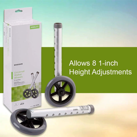 Lightweight 5 Inch Caster Wheels For Walkers Converts Traditional Walkers To Rolling Walkers No Tool Required Install Grippy Rubber Wheels For Smooth Glides On Most Surfaces Adjustable Height Up To Eight Positions 1 Pair, showing package and wheels