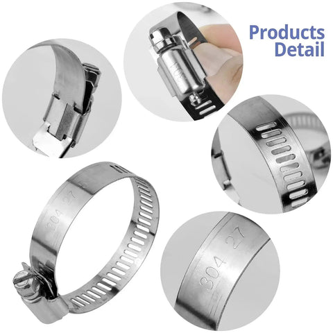 Close-up of 5 Piece Adjustable Pipe Clamp Set For Home Repairs And DIY Projects showcasing stainless steel details and sizes.