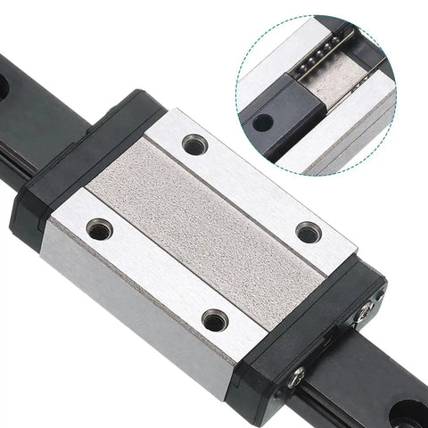 Close-up of MGN12 300mm Linear Guide Rail Kit With MGN12H Carriage Block showing steel bearing and black plastic components for precise motion.