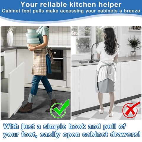 Hands Free Cabinet Foot Pull For Trash Drawer, person opening cabinet with foot in kitchen, stainless steel opener for overlay cabinets