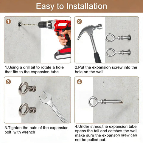 Installation guide for 20 Pack M8 By 105mm Expansion Eyebolts In 304 Stainless Steel, heavy-duty wall and ceiling anchors.