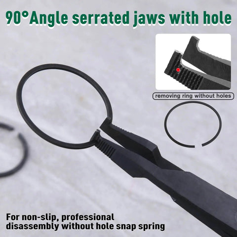 9 Inch Angle Tip Lock Ring Pliers With Hole For Transmission And Brakes Circlip Retaining Ring Pliers in use, serrated jaws visible.