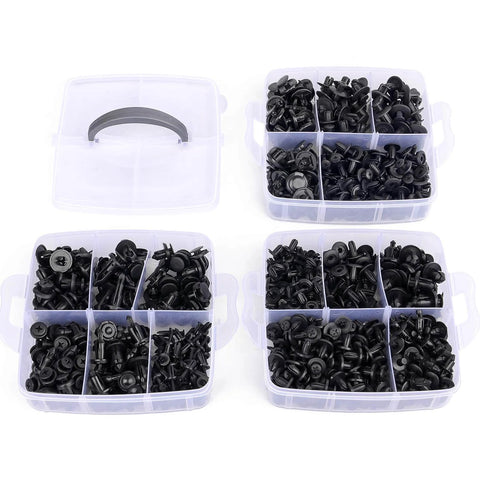 VXB Bearings 635-pack auto rivet retainer clip assortment in four clear cases, black plastic rivets.