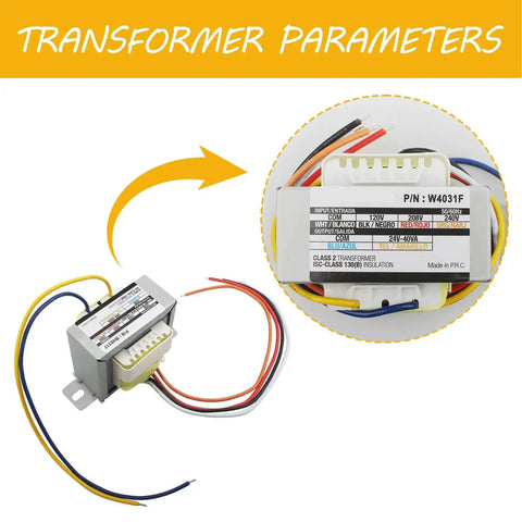 24V AC Transformer For HVAC Systems, Primary 120 208 240V To 24V Secondary, Isolation Replacement Transformer For Furnaces, Air Conditioners, Relays And Gas Valves, Multi Tap Control Transformer shown with wires
