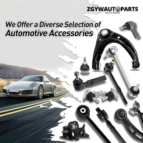 Assorted automotive accessories displayed including control arms, tie rod ends, and a sports car in the background.