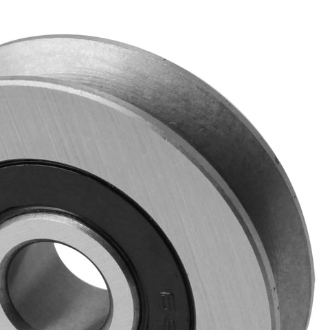 Close-up of a Built Tough Heavy Duty Iron Bearing Cable Pulley with U Shape Groove, showing steel material and bearing details.