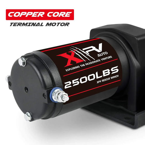 Close-up of 2500Lb 12V Electric Winch motor with copper core and label for ATV UTV Towing and Off Road Recovery