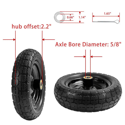 10 Inch Flat Free Solid Tire And Wheel Replacement 4.10/3.50-4 with 5/8 inch axle bore and 2.2 inch hub offset, front view