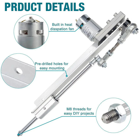 Close-up of 24V Reciprocating Linear Actuator With Suction Cup And Speed Controller, featuring built-in fan and pre-drilled mounting holes.