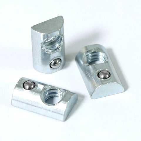 Built Tough 1/4-20 Threaded Steel Roll In T Nut With Ball Spring For T Slot Rails And 10 Series Aluminum Extrusion Profiles