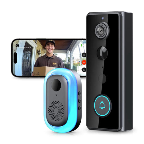 2K Wireless Video Doorbell Camera with live view, color night vision, motion alerts, two-way talk, shown with chime and smartphone.