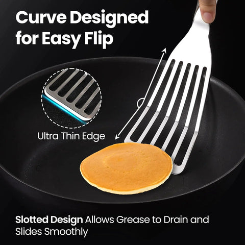 Ultra Thin Edge Stainless Steel Spatula Set With Large Fish Turner And Small Slotted Spatula, Ergonomic Non Slip Handles, Seamless One Piece Construction, Dishwasher Safe, Perfect For Flipping Fish, Pancakes, Eggs, And Delicate Foods, shown flipping a pancake in a pan.