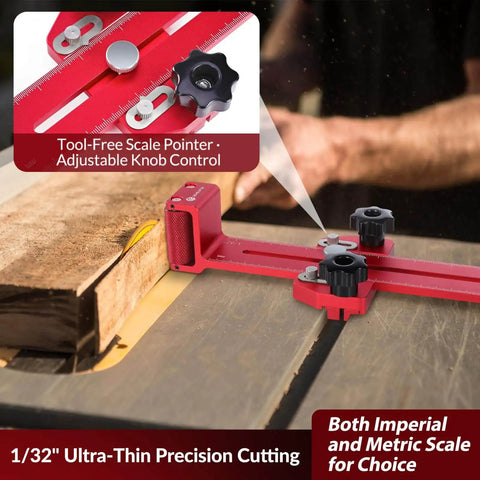 Close-up of No Fuss Safe One Way Roller Bearing Thin Rip Jig for table saws with tool-free scale pointer and adjustable knob control.