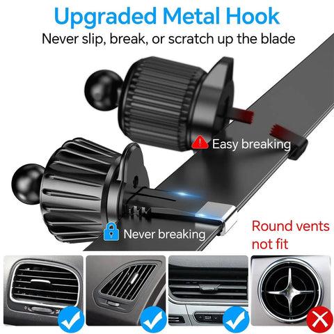 Close-up of upgraded metal hook of MagSafe Car Mount With 20 Strong Magnets For iPhone 14 15 16 17 Dashboard Holder showing vent compatibility.