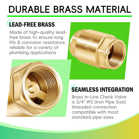 Two-pack brass in-line check valves, 3/4 in IPS, threaded ends; backflow prevention for water supply systems.