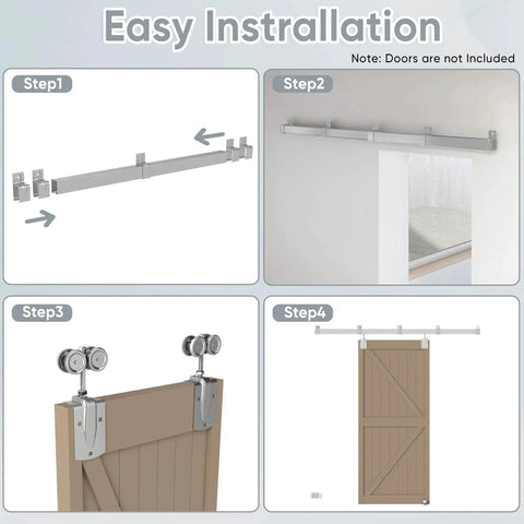 Installation steps of 4 Ft Box Rail Exterior Barn Door Hardware Kit Heavy Duty Silver Sliding Track System for Wall Mounted Doors.