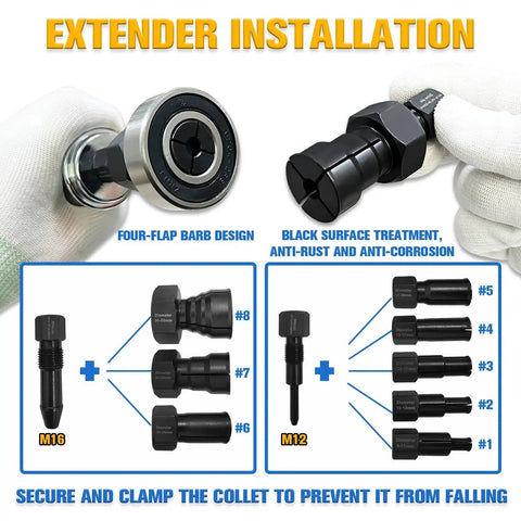 Close-up of extender installation in 12-Piece Blind Hole Bearing Puller Kit With Extendable Collets From 8mm To 32mm, Slide Hammer Puller.