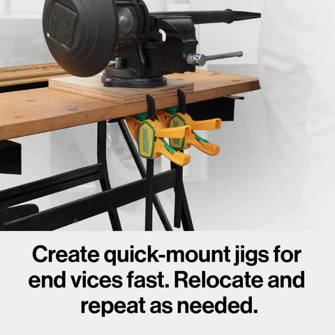 Grr-rip Grip-Strong Dovetail Clamps Two-Pack For Woodworking Jigs And Sleds - T-Track Compatible Squeeze-Action Clamp Set on bench