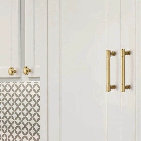 Ten Pack One And A Quarter Inch Round Bronze Zinc Cabinet Knobs And Drawer Pulls With Gold Finish on kitchen cabinets