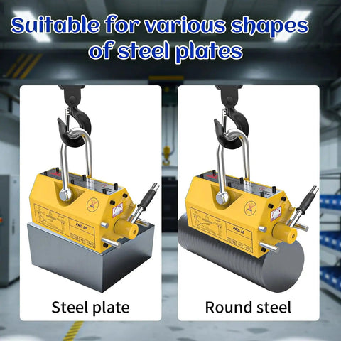 Magnetic lifter with release, yellow, 440 lb capacity, shown lifting steel plate and round steel in two views