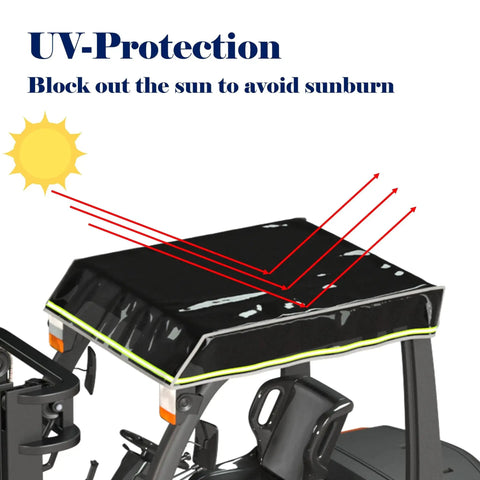 Side view of Forklift Roof Top Cover Black Transparent PVC 0.5mm UV Shield 47W X 45L installed on forklift, blocking sun rays.