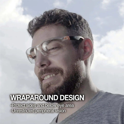 Outdoor Safety Sunglasses For Work And Play With Smoke Lenses, UV 99.9 Percent Protection, shown on a person outdoors, wraparound design