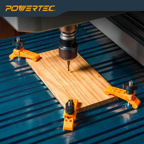 Two Pack Mini Hold Down Clamps For T Track Systems Three And A Quarter Inch Long By Three Quarters Inch Wide Includes Two And A Half Inch T Track Bolts Thumb Knobs And Swivels Ideal For CNC Machines Table Saw Sleds Drill Presses And Workbenches securing wood on CNC machine.