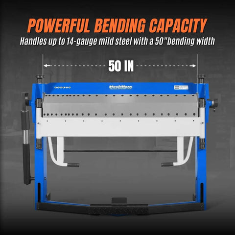 Heavy Duty Industrial Metal Bender with 50 Inch Foot Clamp Pan And Box Brake for Sheet Metal Folding, highlighting 50-inch bending width.