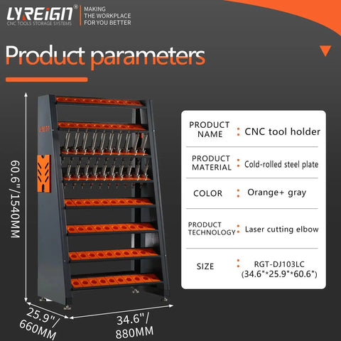 Cat BT40 Large Capacity CNC Tool Holder Keeper And Storage Cart, orange and gray, size 34.6x25.9x60.6 in, for CNC centers.