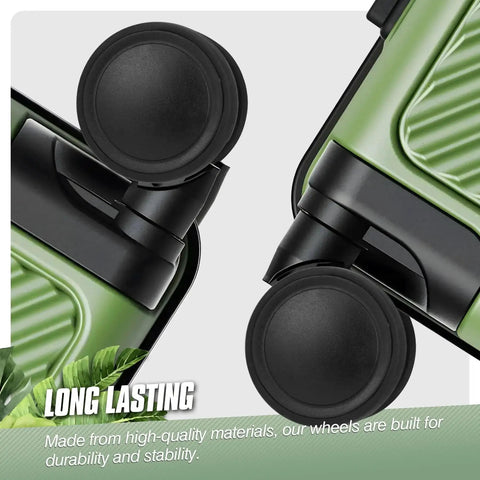 Close-up of 8 Pieces Luggage Wheel Replacement Set 55mm And 2.17 Inch Wear Resistant Suitcase Wheels installed on green luggage.