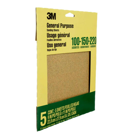 3M General Purpose sanding sheets pack, 9 x 11 inches, 5 sheets with 100–150–220 grit.