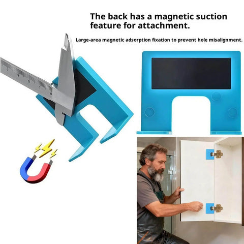 Magnetic Door Hinge Jig No Drill Installation And Precise Alignment Adjustable Guide for hinge cutting and door setup, close-up view.