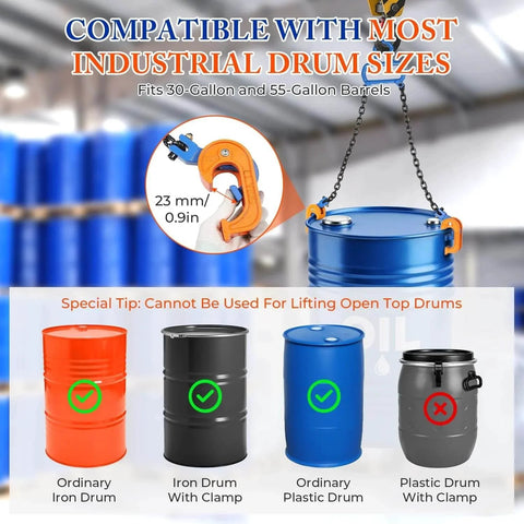 Upgraded Chain Drum Lifter For 30 And 55 Gallon Closed Drums With 1 Ton Capacity shown lifting blue metal drum with clamp