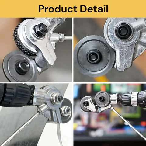 Close-up views of Electric Drill Plate Cutter Nibbler Attachment for cutting iron, steel, copper, and aluminum with precise grooves.
