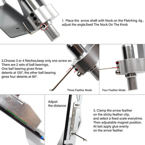 Durable Stainless Steel Magnetic Fletching Jig Kit For Arrows With Quick Clamp Easy Setup shown with detailed instructions