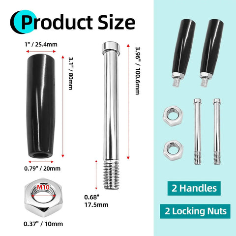 Revolving Crank Handle Latche M10 Trailer Jack Replacement Two Piece With Nuts, product size dimensions in stainless steel.