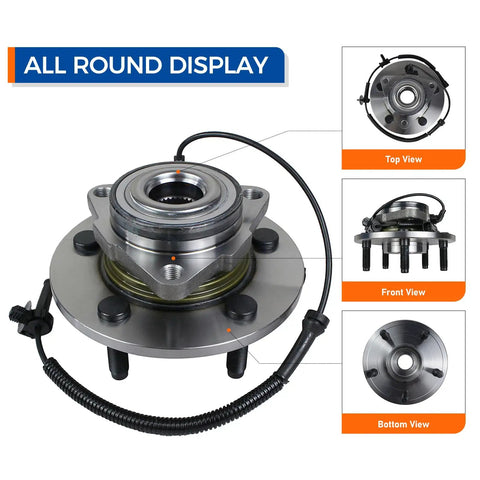 Front Wheel Hub And Bearing Assembly For 2006 2007 2008 Dodge Ram 1500 With 5 Lug And ABS Sensor Front Position Replacement Built To Last Durable Corrosion Resistant Pre Lubed in multiple views including top, front, and bottom