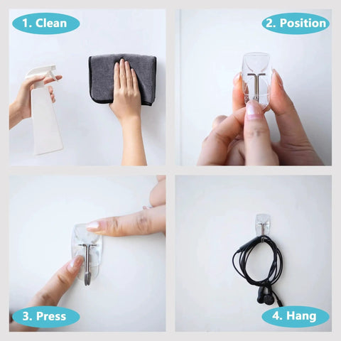 Clear Wall Hooks With Adhesive Strips 15 Hooks 30 Strips No Tools Damage Free installation steps shown in four images