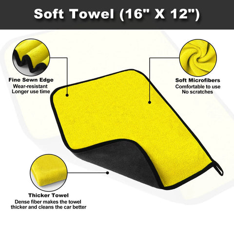 Yellow microfiber towel with black edges, labeled features like soft microfibers and thick material for All In One Car Wheel Cleaning Kit.