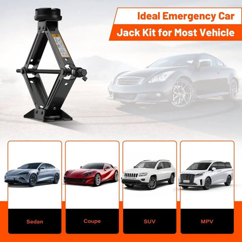 2.5 Ton Universal Scissor Car Jack Kit With Portable Tire Changing System displayed against cars, suitable for sedans, SUVs, MPVs.