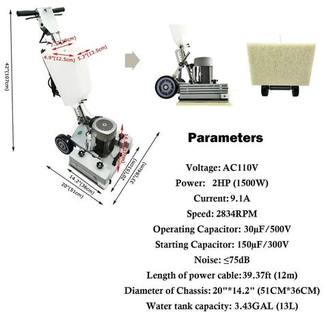 Industrial Floor Scrubber Grinding Machine With 3.43 Gal Capacity, 2834 RPM Polisher With 1500W Pure Copper Motor and Parameters Chart