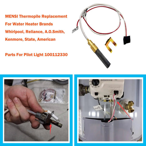 MENSI thermopile replacement wire harness for water heaters with red and white leads
Thermopile assembly close-up for gas water heater installation showing connectors
Installed thermopile in gas control area of water heater with Honeywell valve